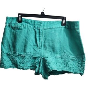 LOFT Embroidered Linen Shorts Teal Blue Green‎ Summer Casual Size 16P